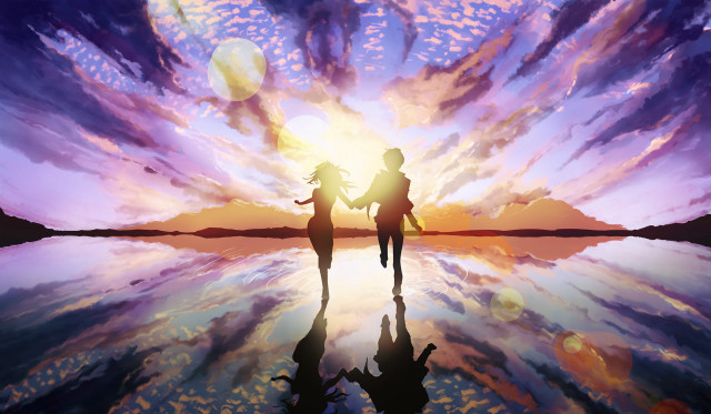 Two people walking lake cloudy free wallpaper for desktop - medium preview image