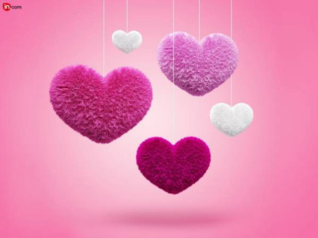Pink white heart hanging strings free wallpaper for desktop - medium preview image