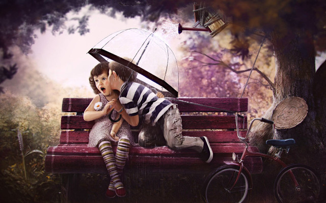 Woman bench umbrella bike sitting free wallpaper for desktop - medium preview image