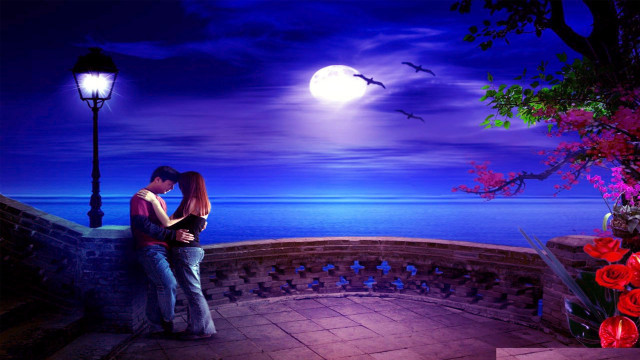Couple kissing balcony ocean night free wallpaper for desktop - medium preview image