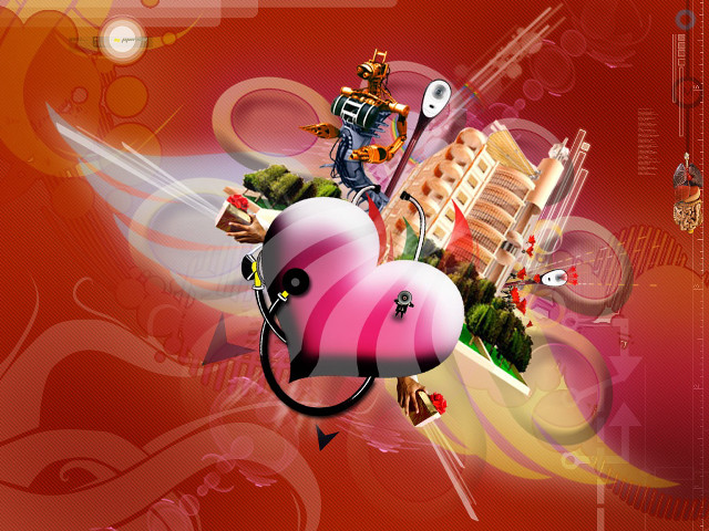 Pink heart robot city background free wallpaper for desktop - medium preview image
