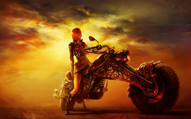 Woman riding motorcycle surreal painting free wallpaper for desktop - medium preview image