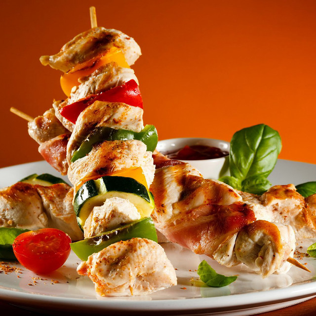 Chicken vegetables skewers sauce side free wallpaper for tablet - medium preview image
