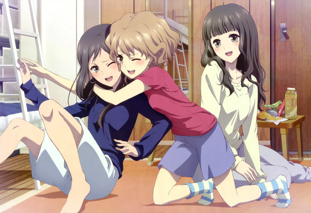 Girls sitting floor hugging wine free wallpaper for desktop - medium preview image