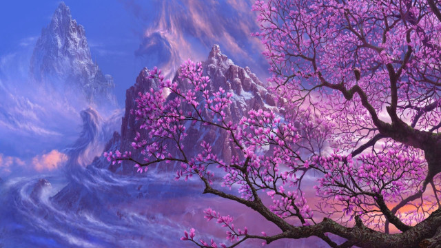 Mountain river trees purple sky free wallpaper for desktop - medium preview image