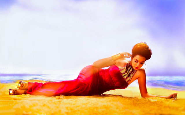 Woman red dress beach legs free wallpaper for desktop - medium preview image