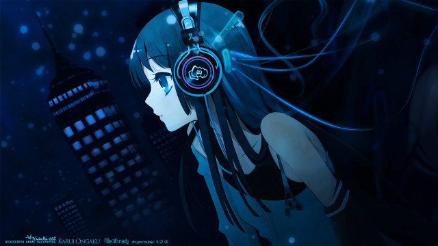 Girl headphones city skyline night #3 free wallpaper for desktop - medium preview image