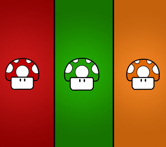 Three colored mushrooms on red free wallpaper for tablet - medium preview image