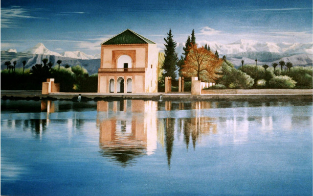 Building lake mountains reflection painting free wallpaper for desktop - medium preview image