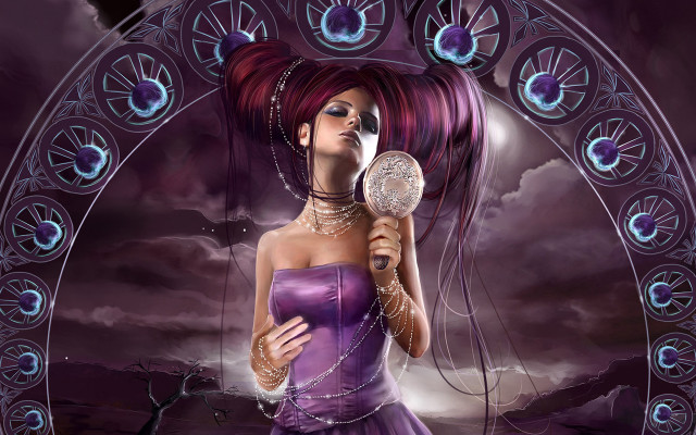 Woman purple dress holding mirror free wallpaper for desktop - medium preview image
