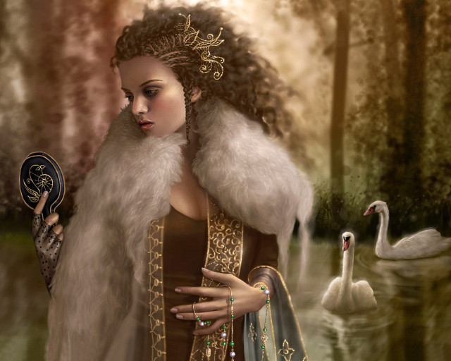 Woman fur coat mirror swan #2 free wallpaper for desktop - medium preview image