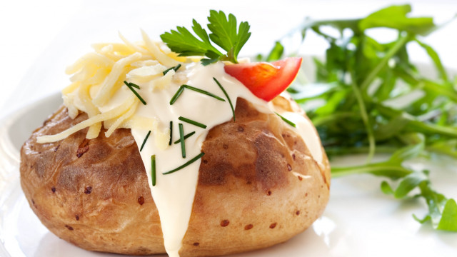 Baked potato cheese vegetables salad free wallpaper for desktop - medium preview image