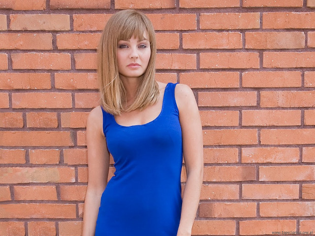 Woman blue dress brick wall free wallpaper for desktop - medium preview image