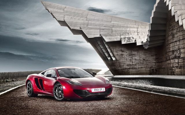 Red sports car waterfall building free wallpaper for desktop - medium preview image