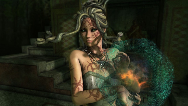 Woman snake fire ball shoulder free wallpaper for desktop - medium preview image