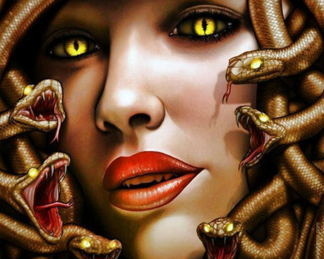 Woman yellow eyes snakes face free wallpaper for desktop - medium preview image