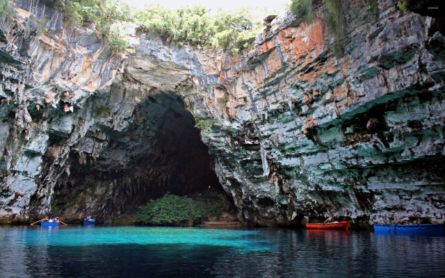 Canoes cave blue water green free wallpaper for desktop - medium preview image