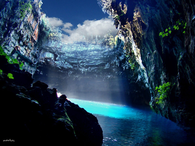 Cave blue pool waterfall nature free wallpaper for desktop - medium preview image