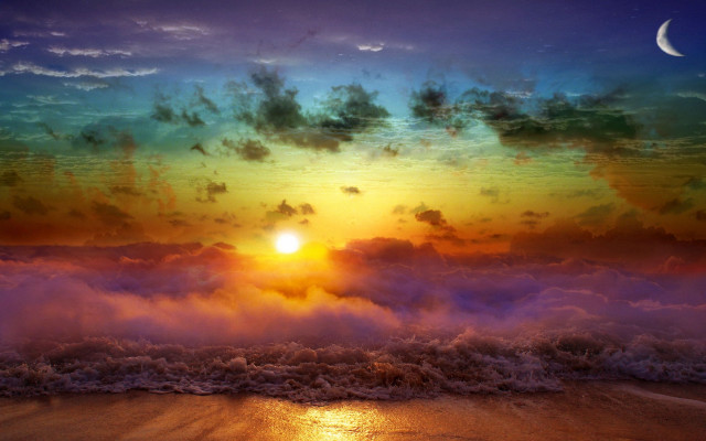 Sunset ocean moon clouds beach free wallpaper for desktop - medium preview image