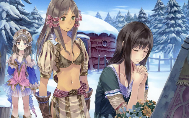 Anime girls snowy landscape house free wallpaper for desktop - medium preview image