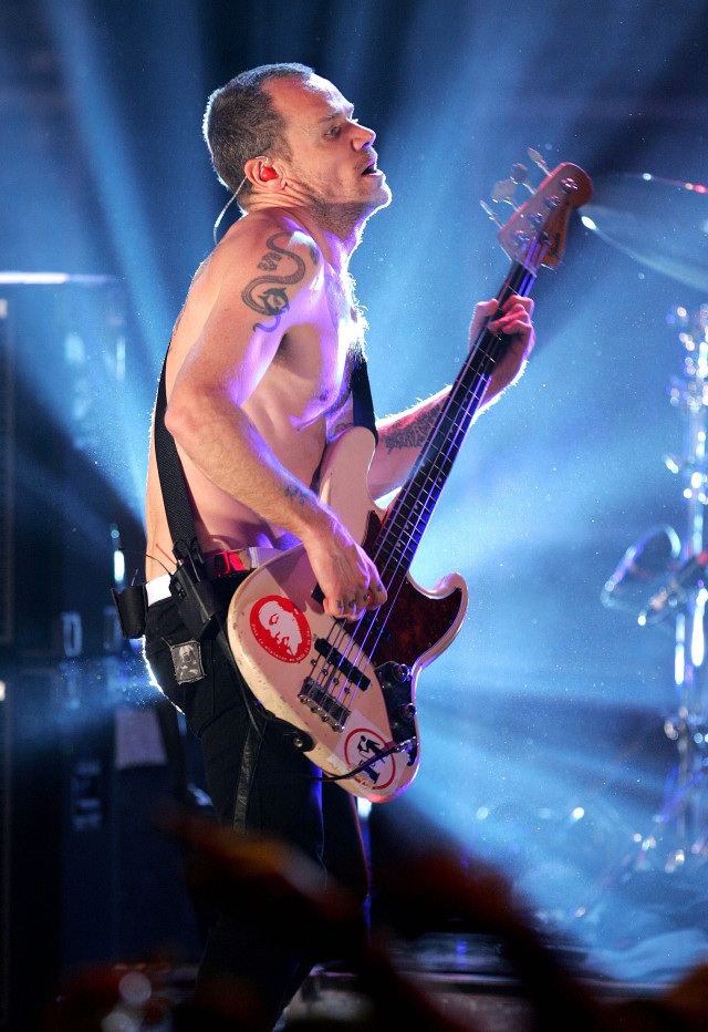 Shirtless man bass guitar stage free wallpaper for mobile - medium preview image