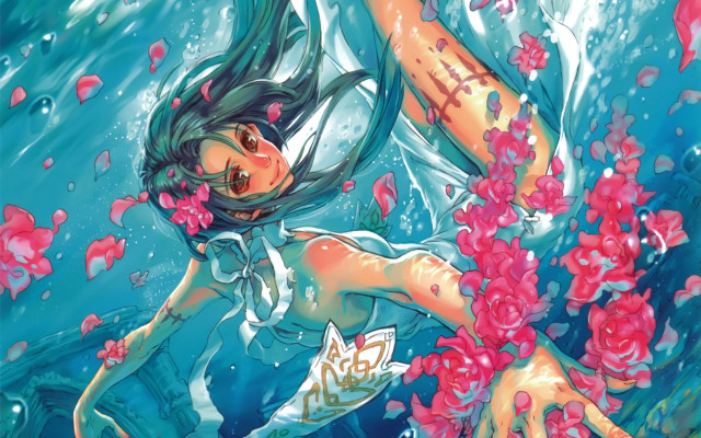 Woman cross underwater flowers hair free wallpaper for desktop - medium preview image