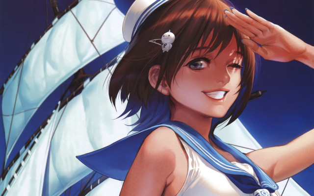 Woman sailor outfit holding sailboat free wallpaper for desktop - medium preview image