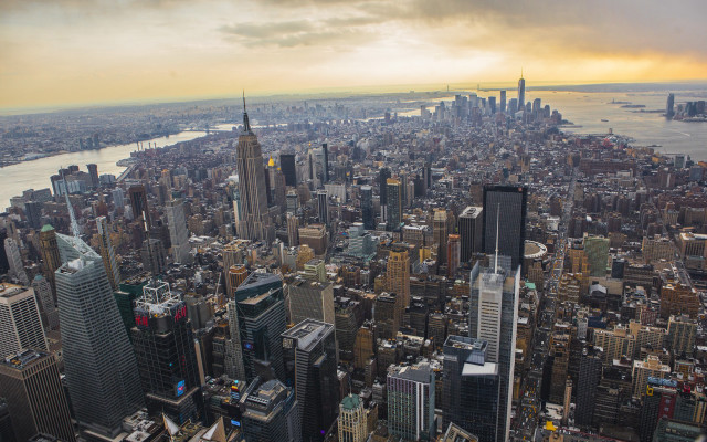 City tall buildings river sunset free wallpaper for desktop - medium preview image