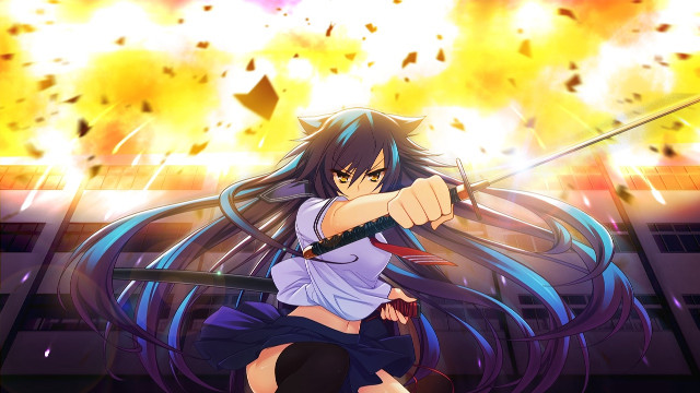 Woman sword firework building background free wallpaper for desktop - medium preview image