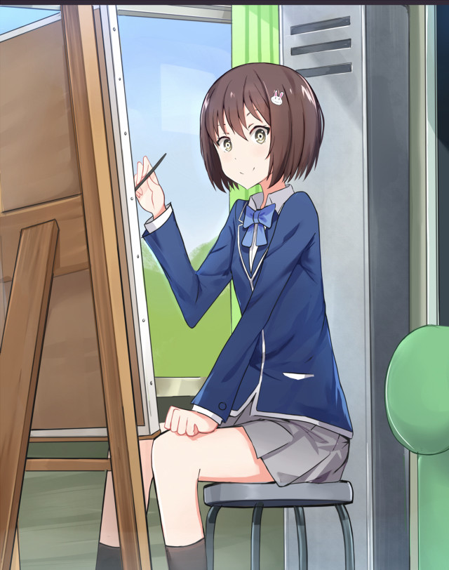 Girl sitting chair easel painting free wallpaper for mobile - medium preview image