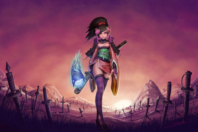 Girl sword butterfly grass rocks free wallpaper for desktop - medium preview image