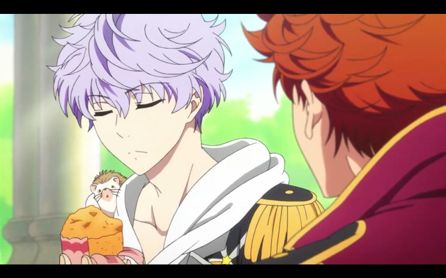 Purple hair holding cake anime free wallpaper for desktop - medium preview image