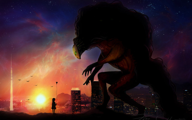 Person giant creature city night free wallpaper for desktop - medium preview image