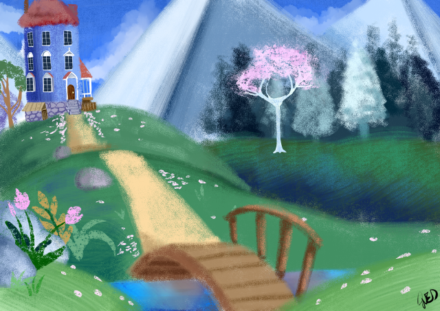 House bridge field tree mountain free wallpaper for desktop - medium preview image