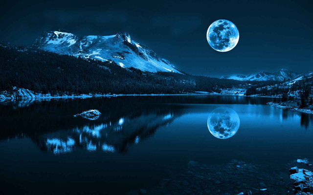 Full moon mountain lake city free wallpaper for desktop - medium preview image