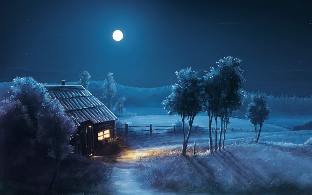 Cabin woods night full moon #3 free wallpaper for desktop - medium preview image