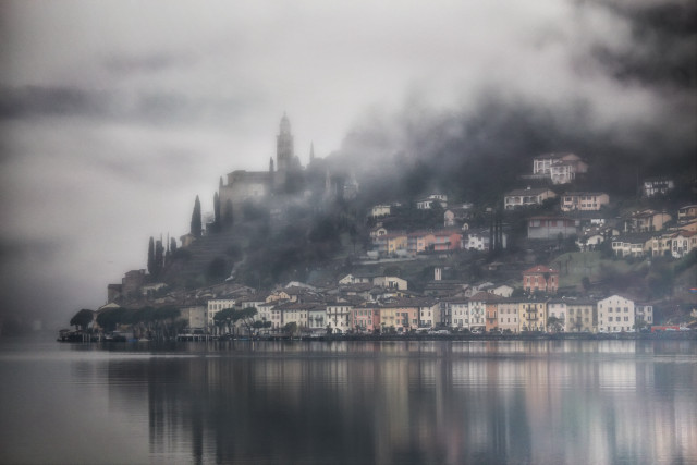 City hill lake foggy sky free wallpaper for desktop - medium preview image