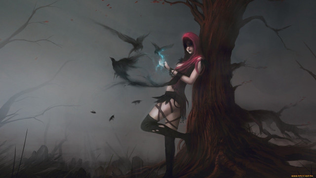 Woman red hat sword forest free wallpaper for desktop - medium preview image