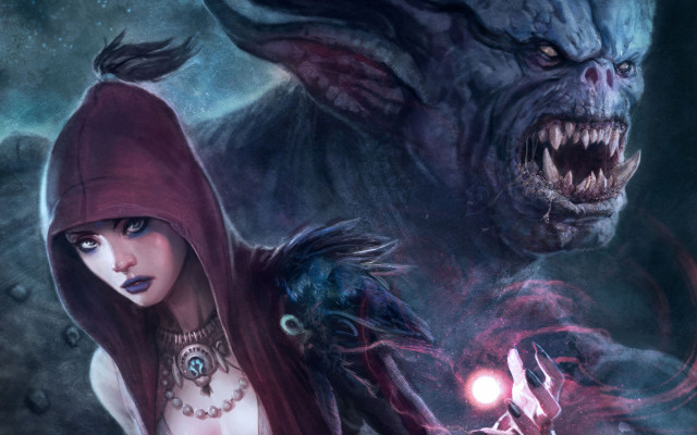 Woman red hoodie glowing demon free wallpaper for desktop - medium preview image