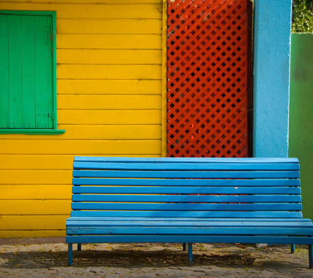 Blue bench yellow building green free wallpaper for tablet - medium preview image