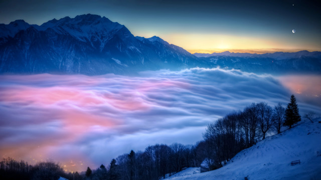 Mountain clouds fullmoon pinksky trees free wallpaper for desktop - medium preview image