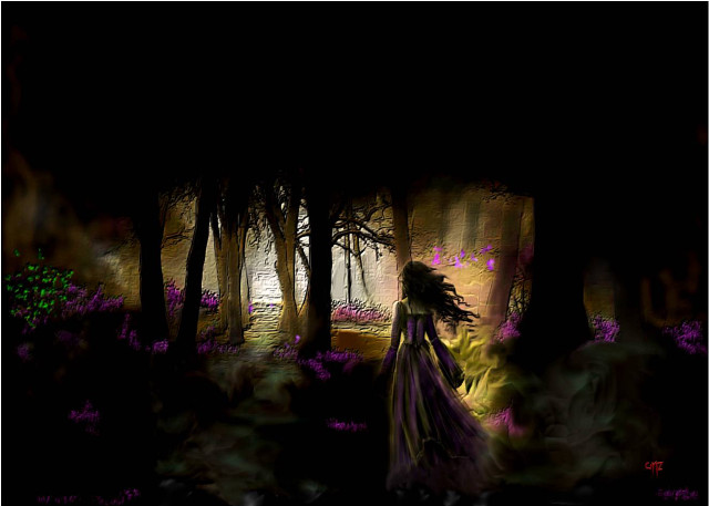 Woman purple dress forest night free wallpaper for desktop - medium preview image
