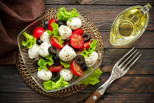 Salad mozzarella olives bowl fork free wallpaper for desktop - medium preview image