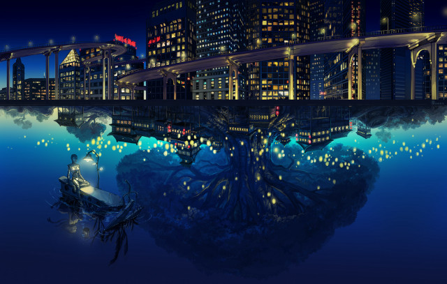 City night boat bridge lights free wallpaper for desktop - medium preview image
