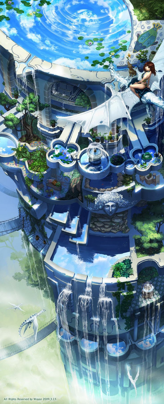 Futuristic city waterfall surfboard woman free wallpaper for mobile - medium preview image