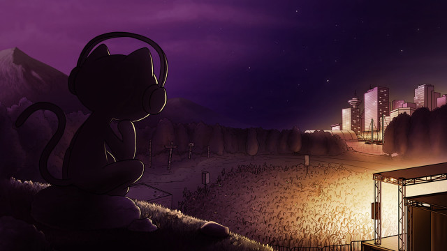 Cartoon cat hill night city free wallpaper for desktop - medium preview image