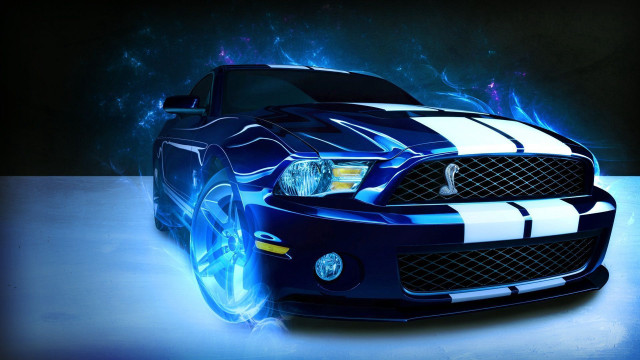 Blue mustang white stripes flames free wallpaper for desktop - medium preview image