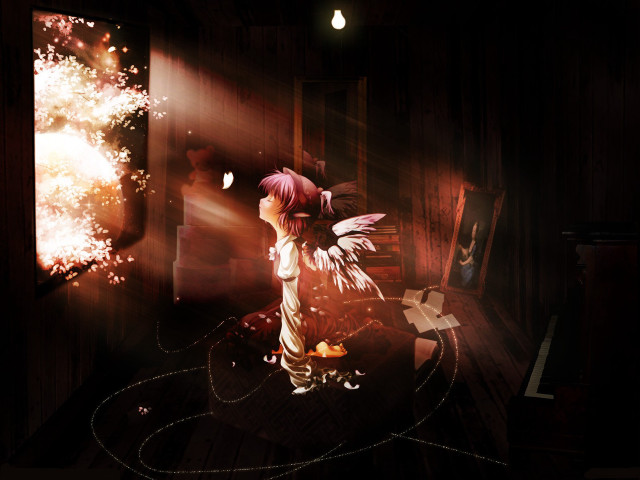 Pink hair angel wings firework free wallpaper for desktop - medium preview image