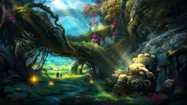 Fantasy forest glowing fireflies lake free wallpaper for desktop - medium preview image