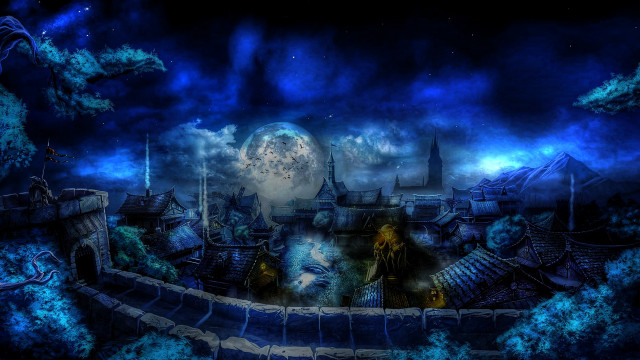 City full moon clouds painting free wallpaper for desktop - medium preview image